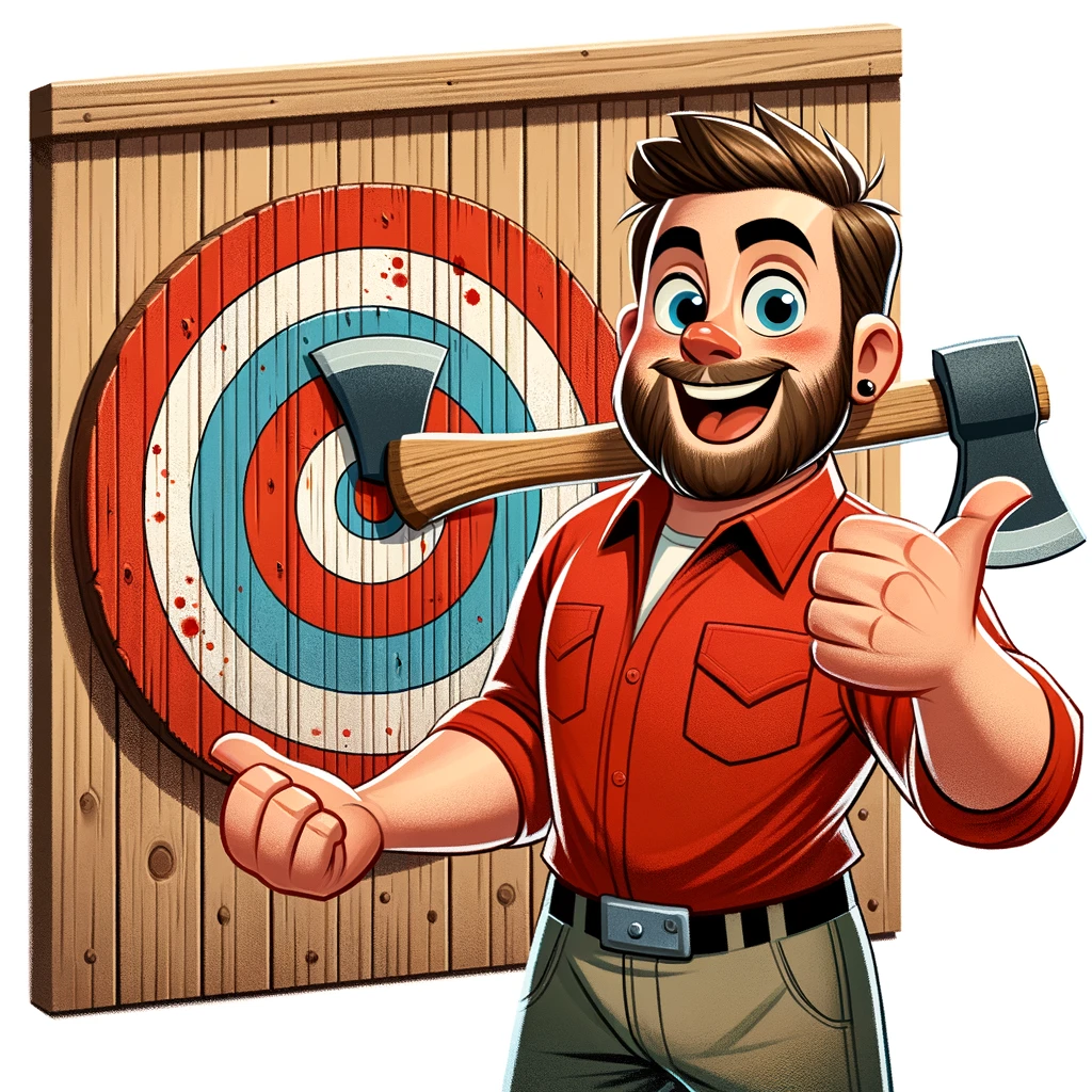 AI art of a happy man with a target and an axe behind him, in a cartoon style