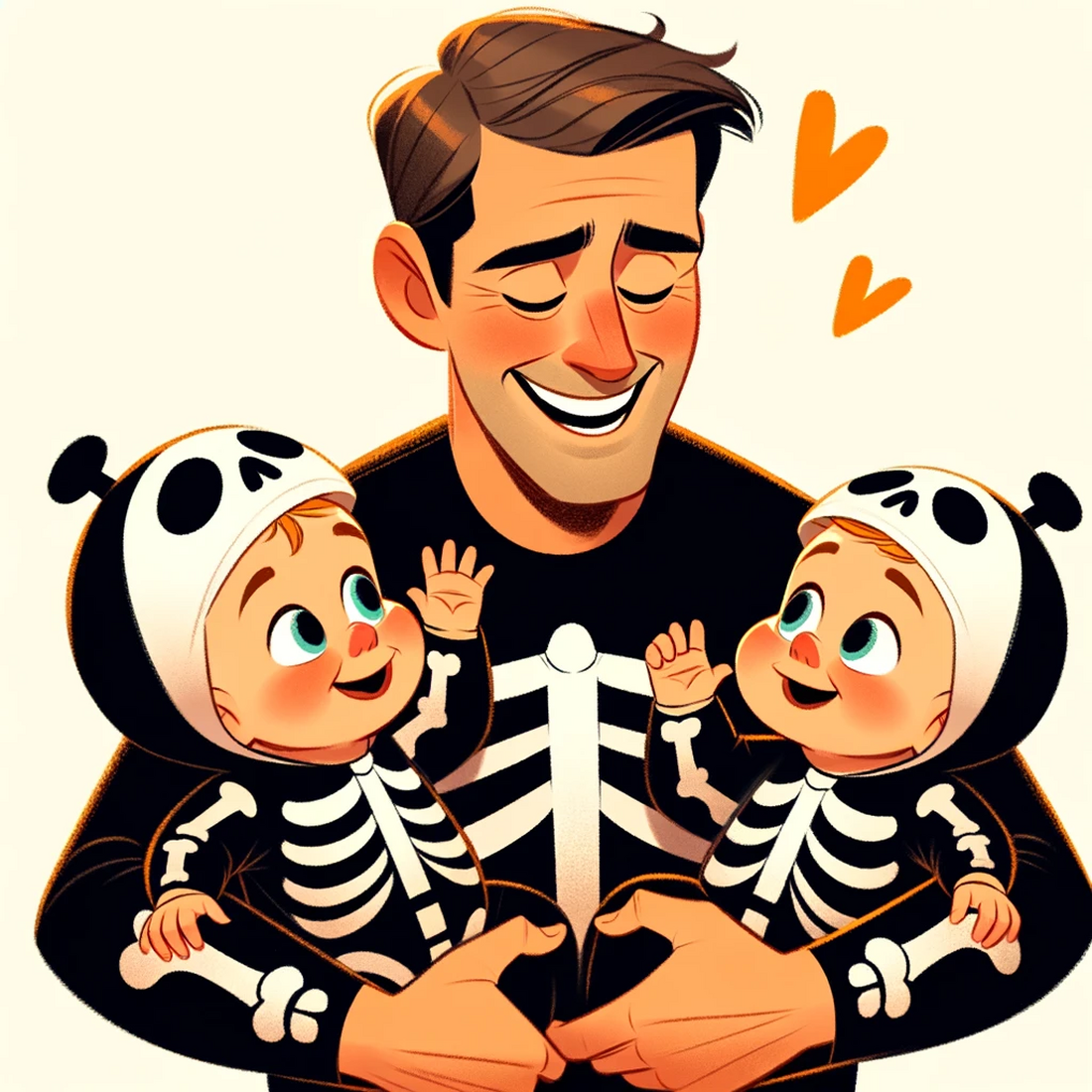 AI art of a man holding two babies with skeleton t-shirts, in a cartoon style