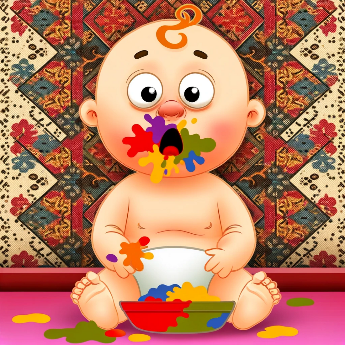 AI art of a baby with food all over its face, in a cartoon style