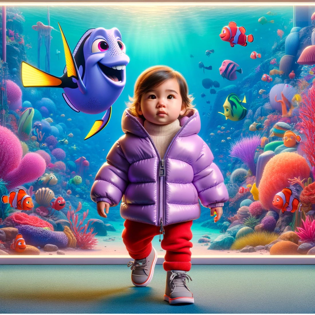 AI art of a young girl with a purple puffy coat walking in an aquarium, in a cartoon style