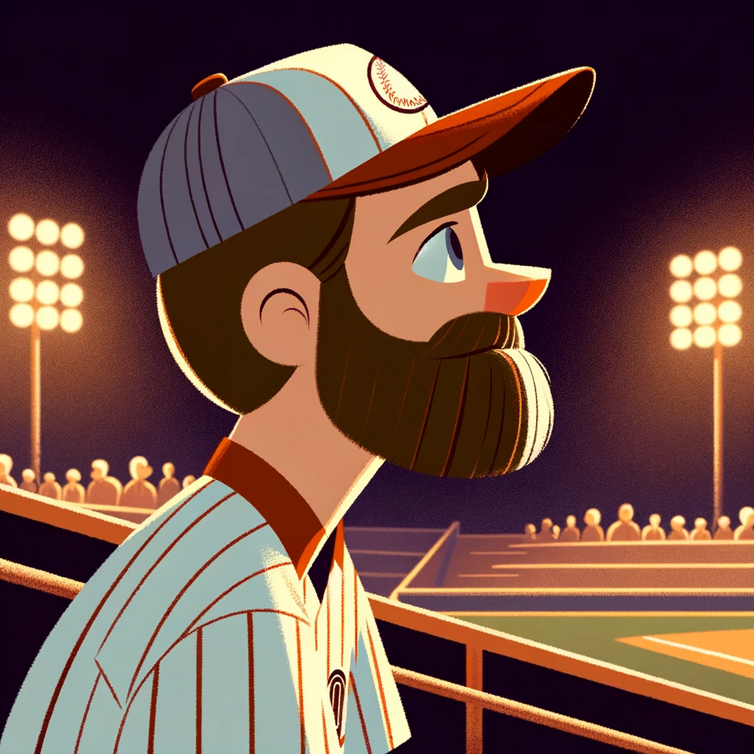 AI of a bearded man, side profile, while he is watching a baseball game, in a cartoon style