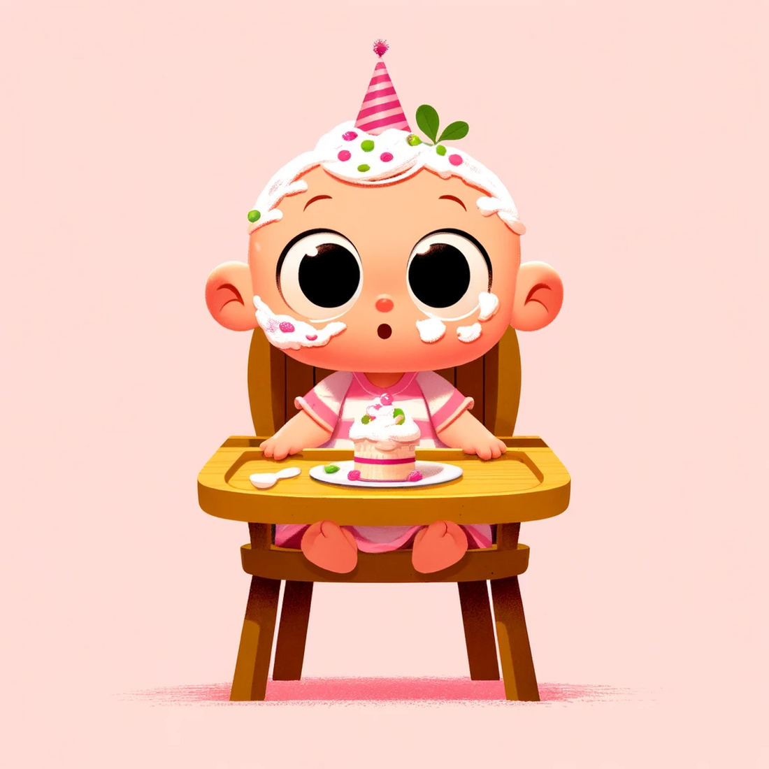AI art of a baby, sitting in a high chair, what looks to be wearing a birthday hat and covered in birthday cake, in a cartoon st