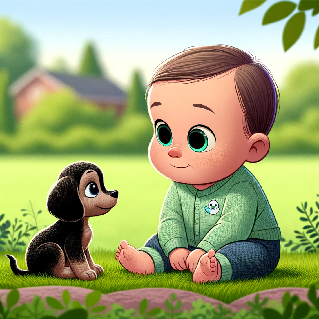 AI art of a young baby and puppy sitting outside on the ground, in a cartoon style