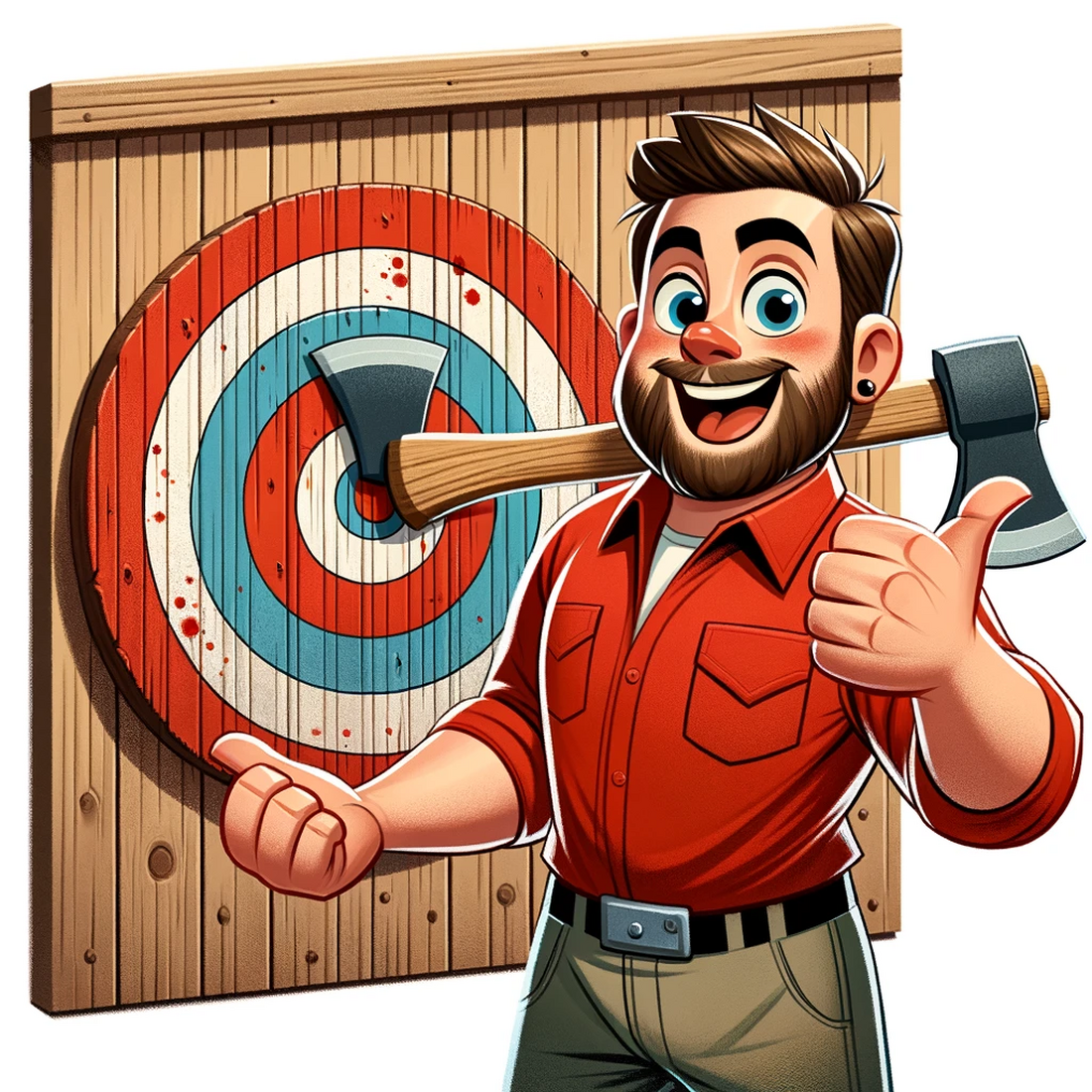 AI art of a happy man with a target and an axe behind him, in a cartoon style