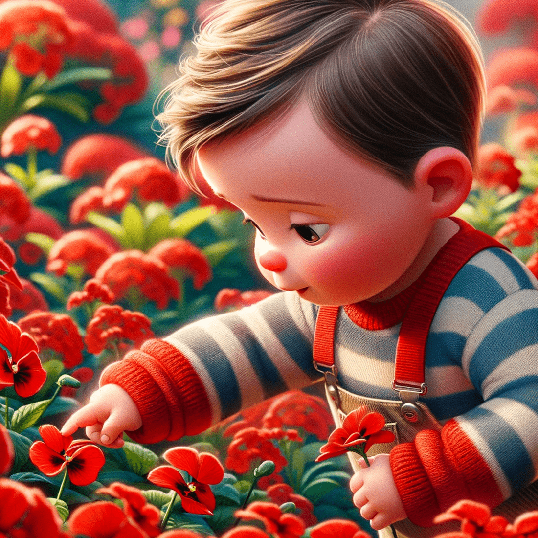AI art of a young boy in a field of red flowers, cartoon style