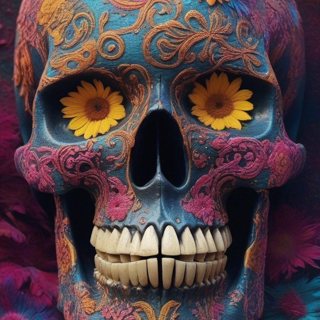 AI generated depiction of a colorful stylized skull